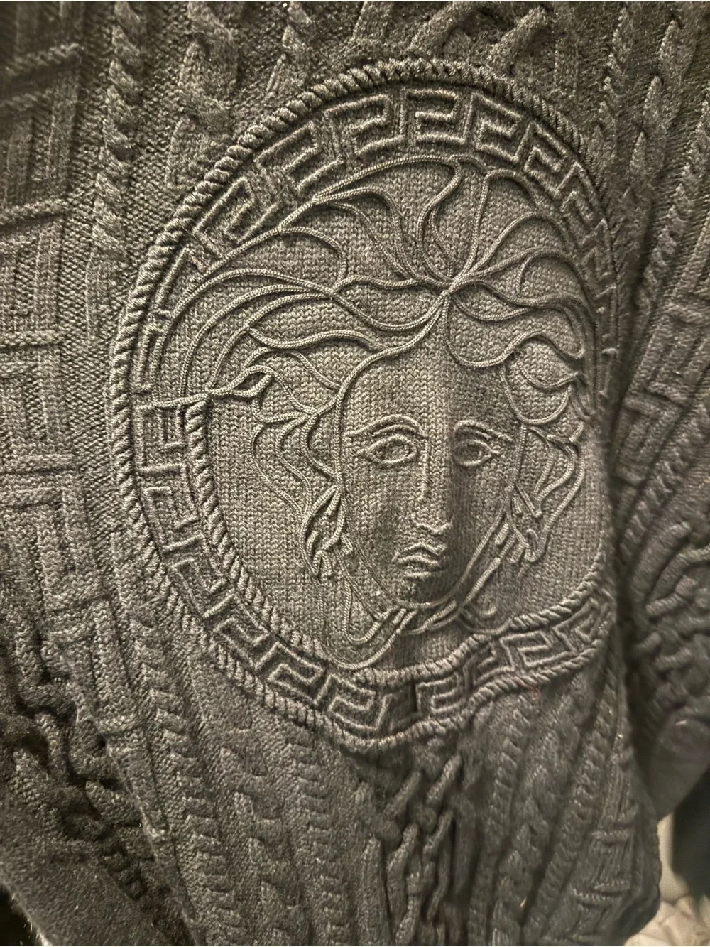 Versace Black Cable-Knit wool Medusa Embossed Crewneck Sweater